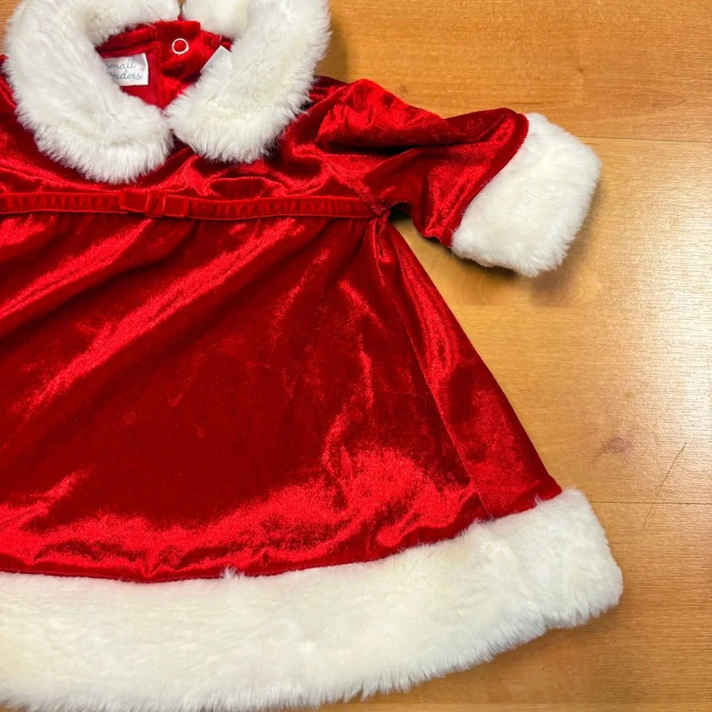 Small Wonders Red & White Velvet Santa Claus Christmas Dress & Bonnet 0-3M